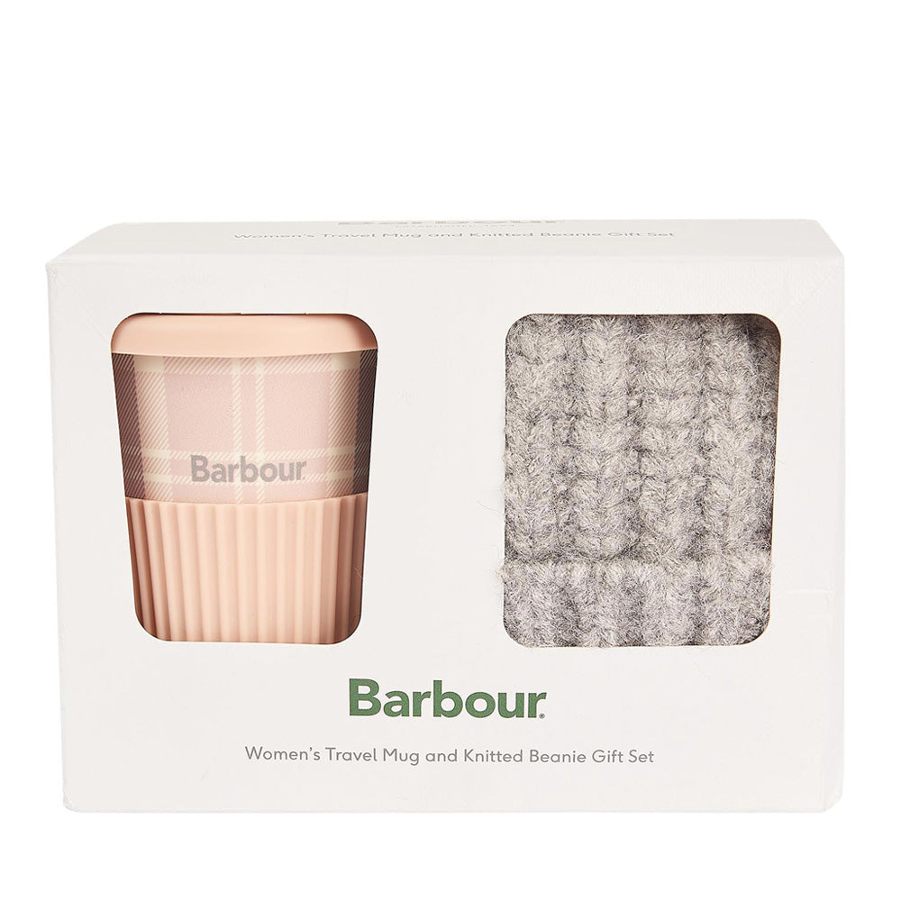 Ladies Barbour Travel Mug And Beanie Gift Set In Pink