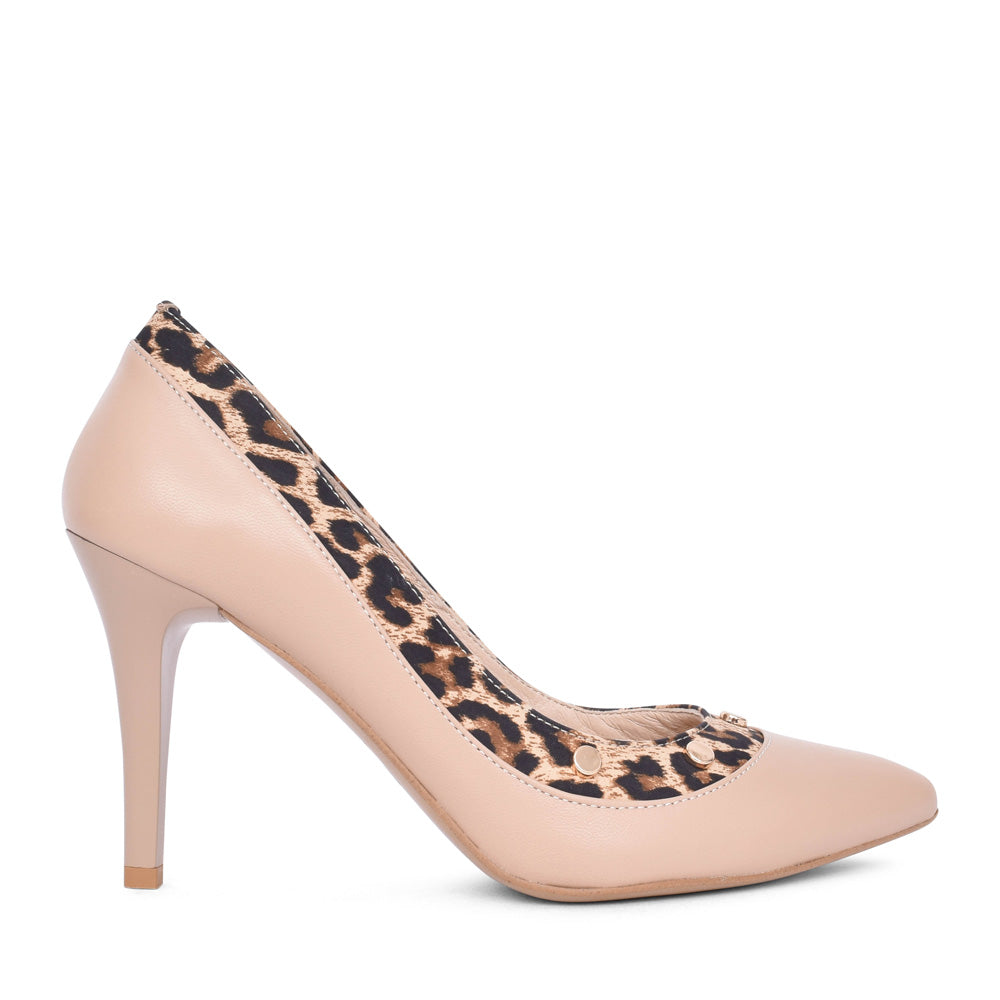 Ladies 8343 Leopard Print High Heel Court Shoe In Beige