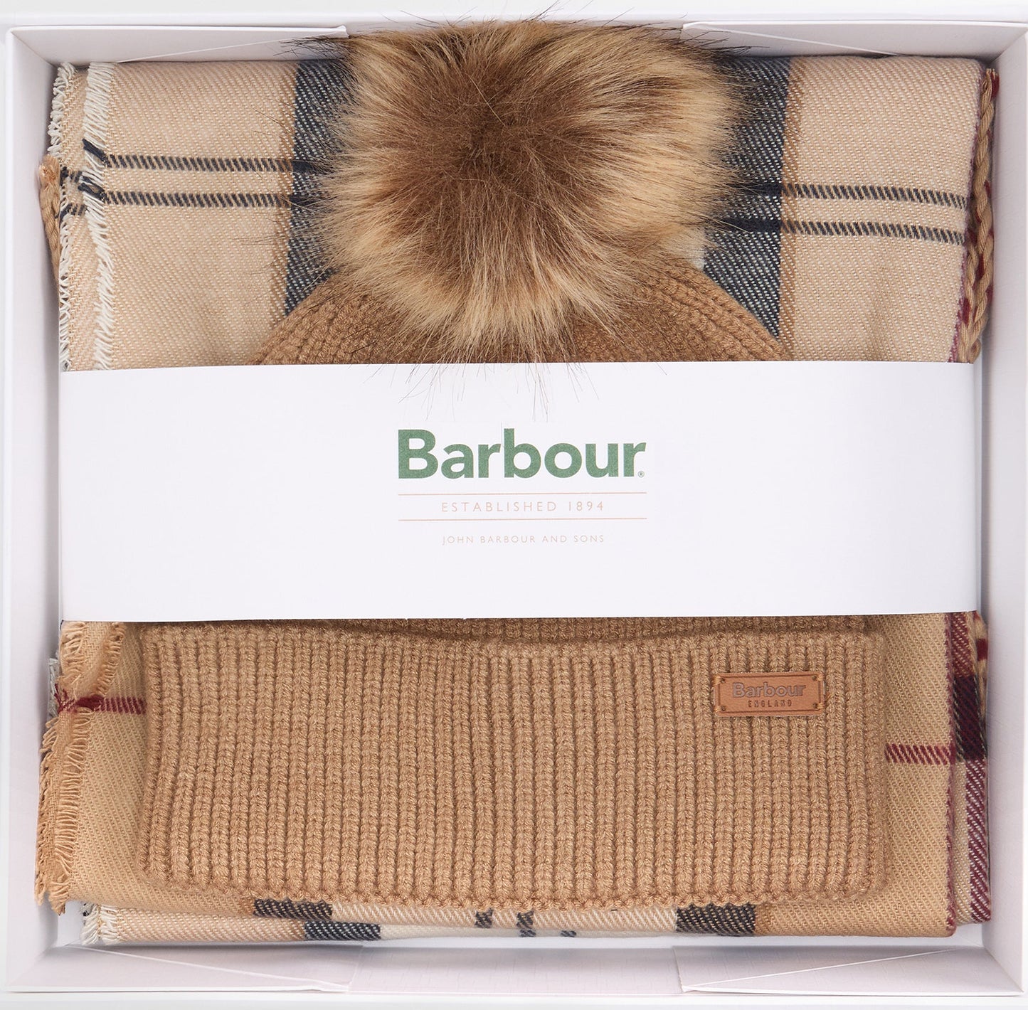 Barbour Ladies Dover Hat & Scarf LGS0054 In Beige Tartan