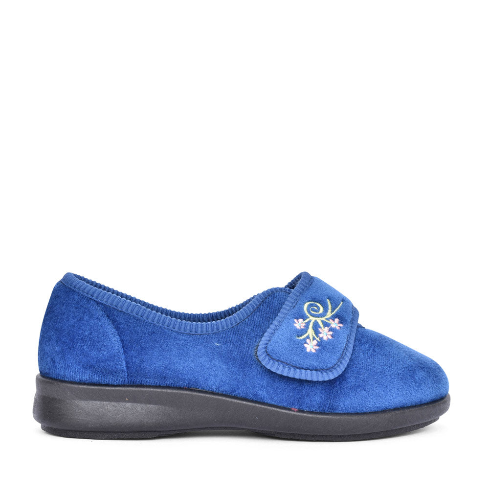 Ladies Caroline 2 2v Wide Fit Floral Velcro Slipper In Navy