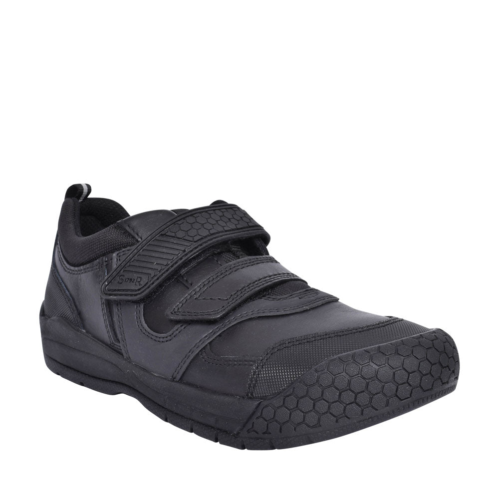 Strike Black Leather Velcro Shoe For Boys In Kids E Fit