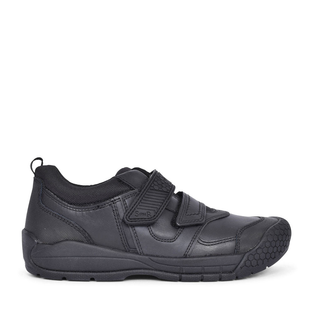 Strike Black Leather Velcro Shoe For Boys In Kids E Fit