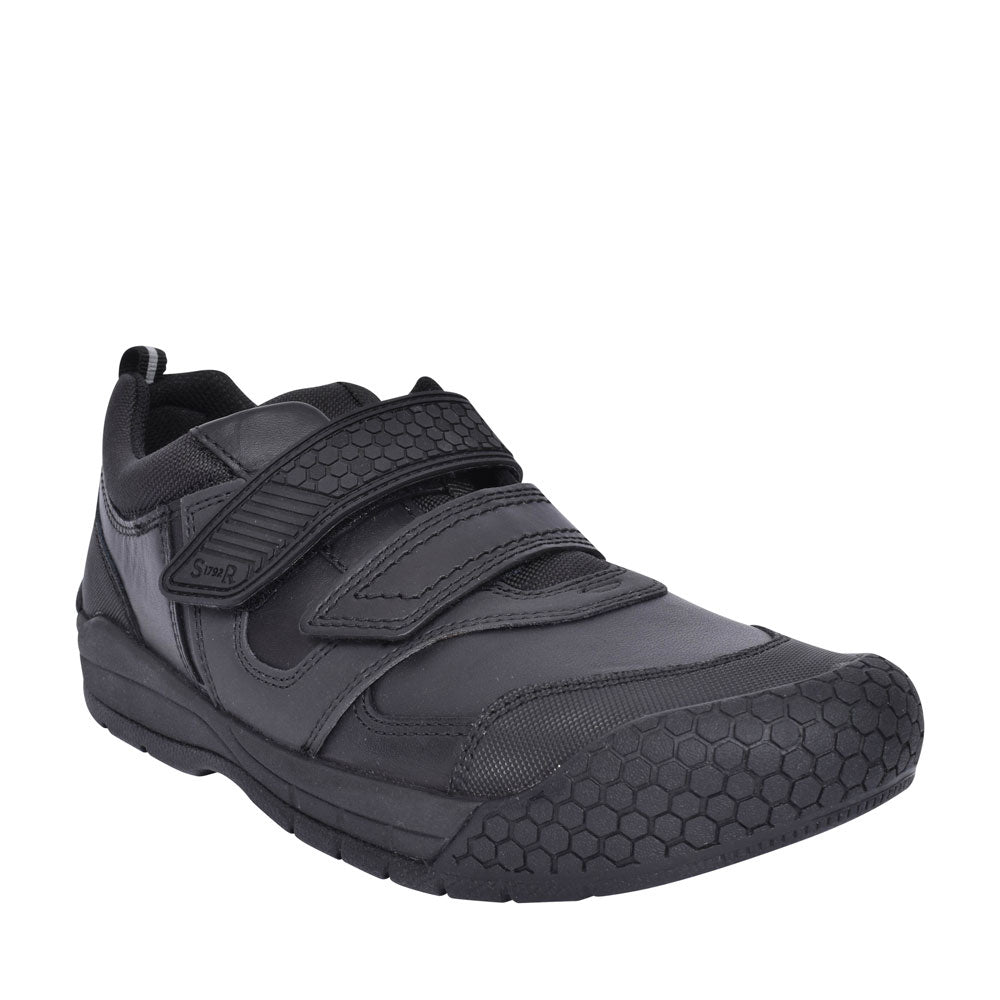 Strike Black Leather Velcro Shoe For Boys In Kids E Fit
