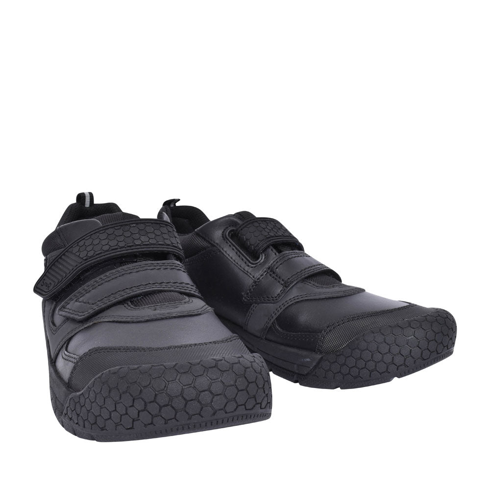 Strike Black Leather Velcro Shoe For Boys In Kids E Fit