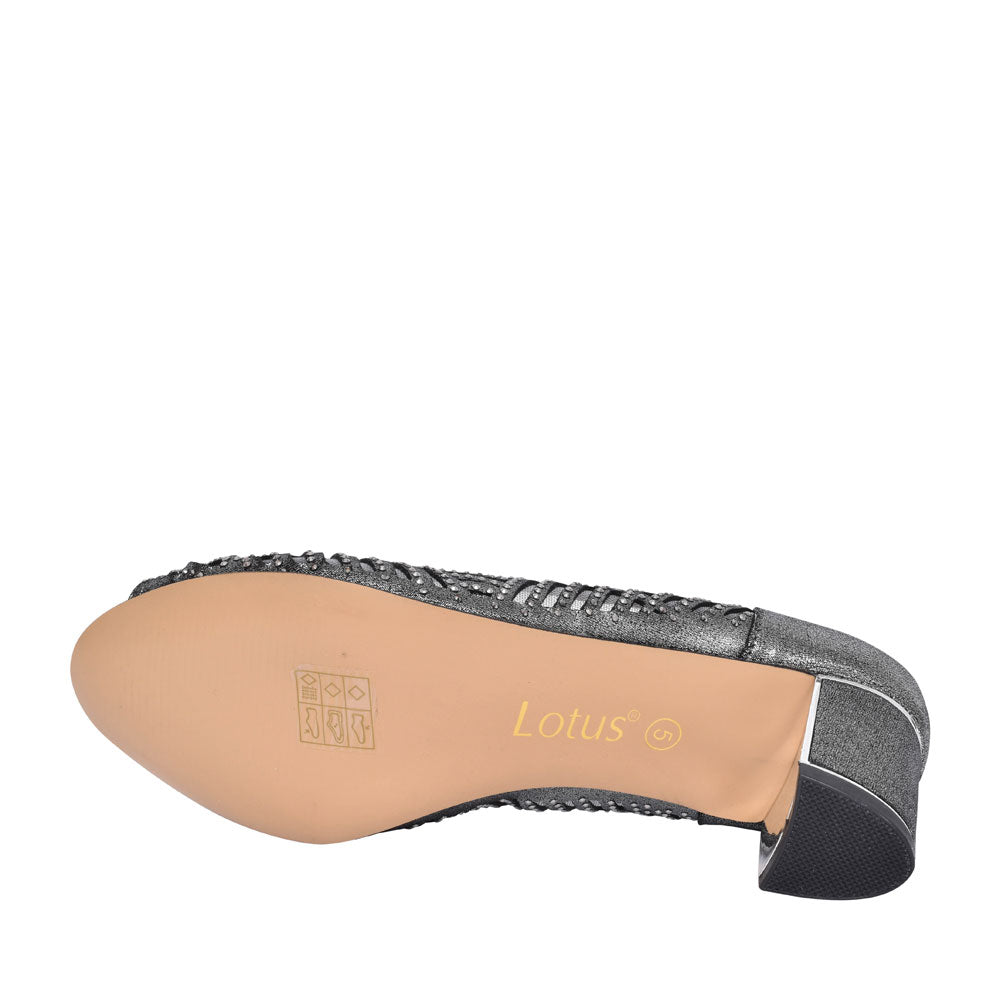 Ladies Uls165 Low Heel Diamante Peep Toe Court Shoe In Pewter