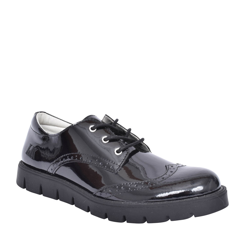 Girls Michelle Black Patent Laced Brogue Shoe In Blk Patent