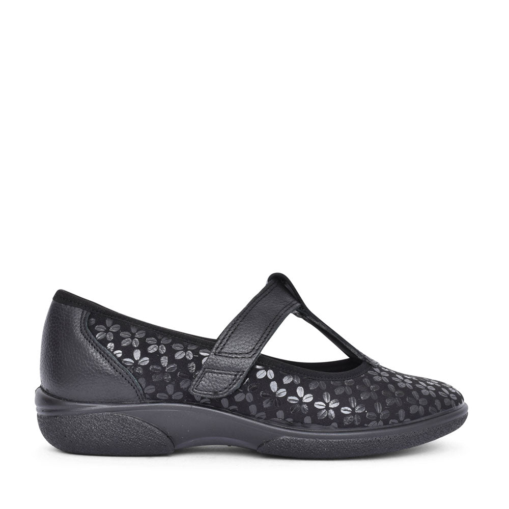 Ladies Aurora 2v Extra Wide Velcro T-bar Shoe In Black