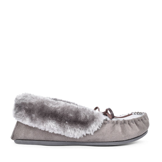 Ladies Sammy Fur Lined Moccasin Slipper In Grey