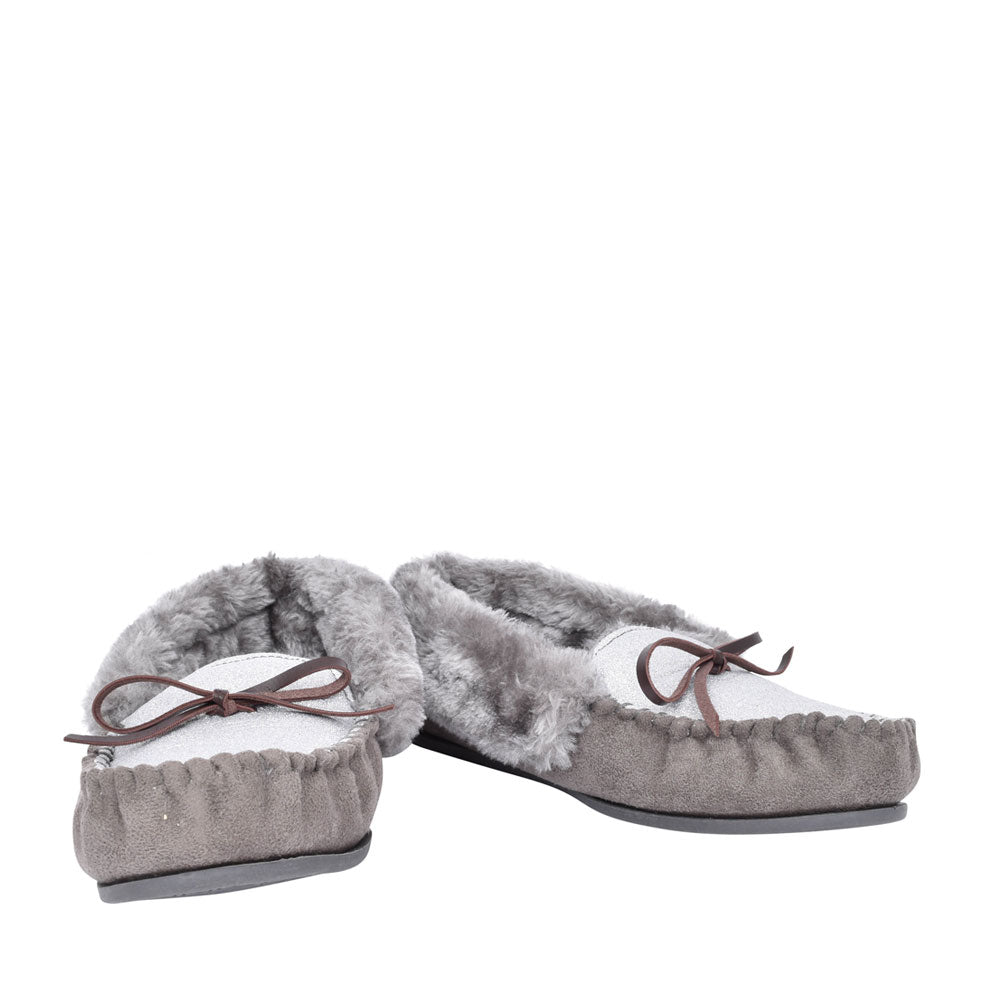 Ladies Sammy Fur Lined Moccasin Slipper In Grey
