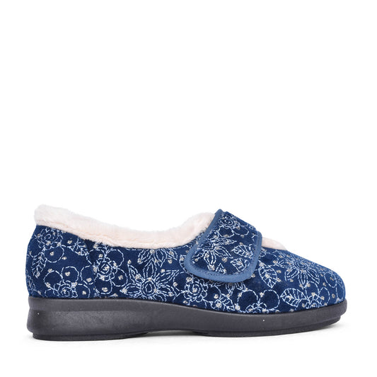 Ladies 2v Extra Wide Harper Velcro Slipper In Navy