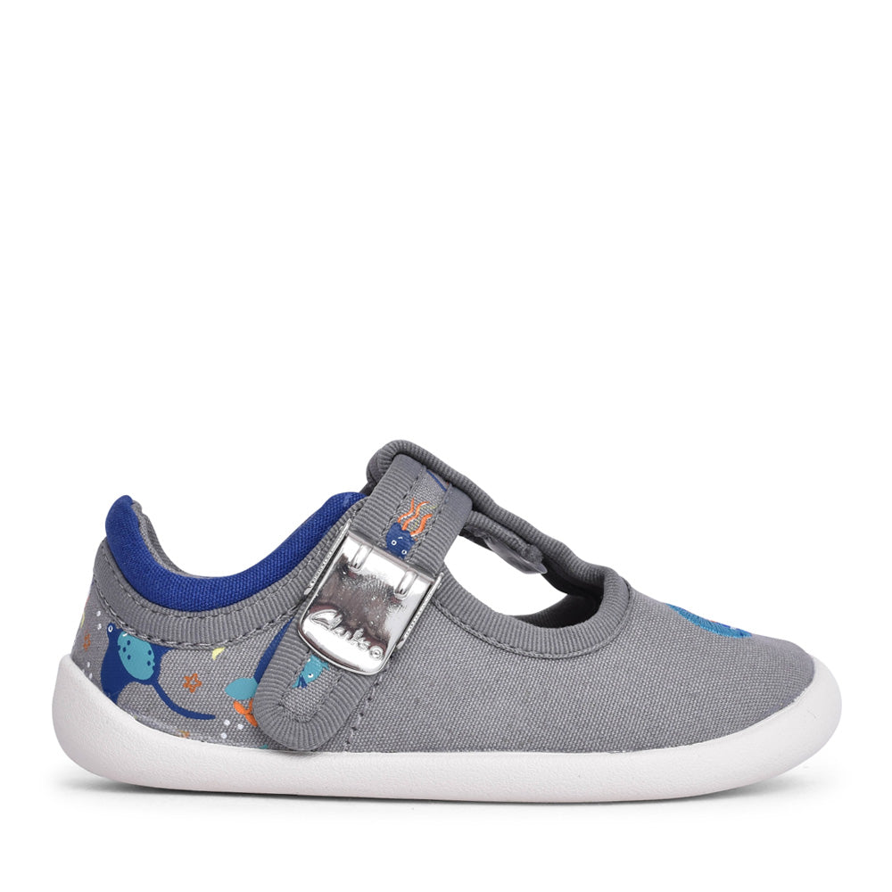 Boys Roamer Sun Grey Canvas T-bar Shoe In Kids G Fit