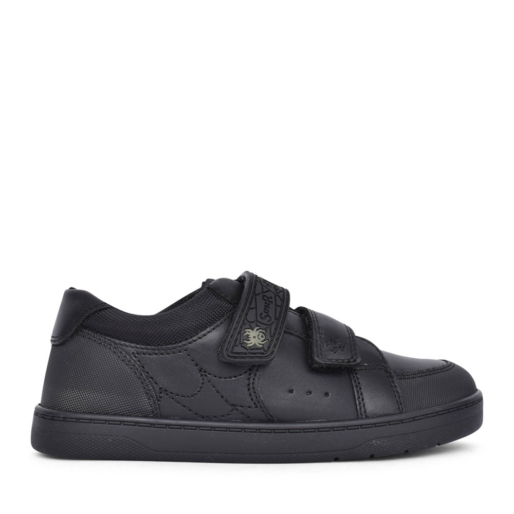 Boys Spider Web Black Leather Velcro Shoe In Kids G Fit