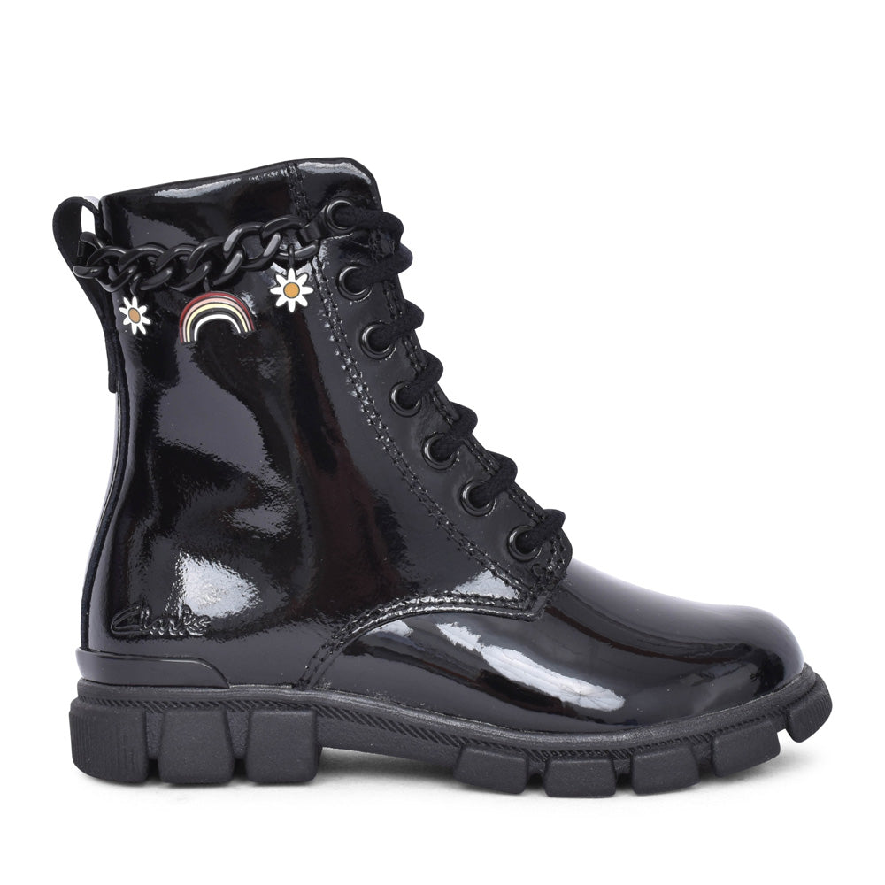 Girls Evyn Charm K Black Patent Ankle Boot In Kids F Fit
