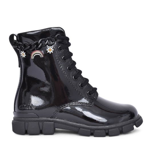 Girls Evyn Charm K Black Patent Ankle Boot In Kids G Fit