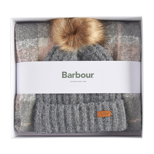 Ladies Saltburn Beanie And Tartan Scarf Gift Set In Grey