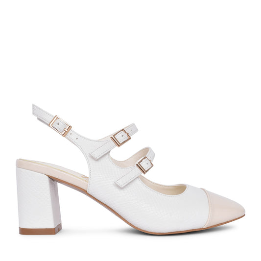 Ladies Trapeze 30 Medium Heel Sling Back Shoe In White