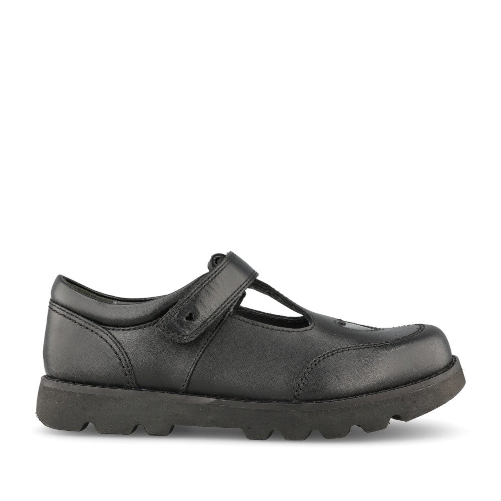 Girls Locket Black Leather T-bar Shoe In Kids F Fit