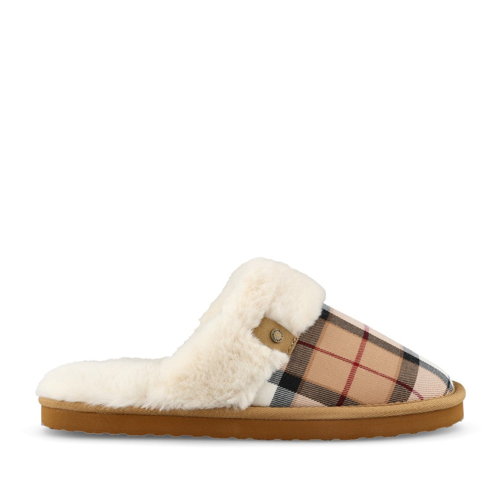 Ladies Claudia Tartan Mule Slipper In Beige