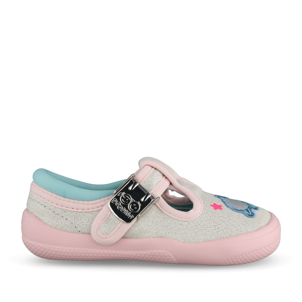 Girls Briley Way T Silver Combi Canvas T-bar Shoe In Kids F Fit