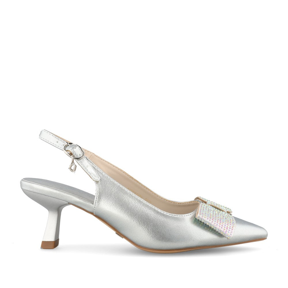Ladies Attention Low Heel Sling Back Shoe In Silver