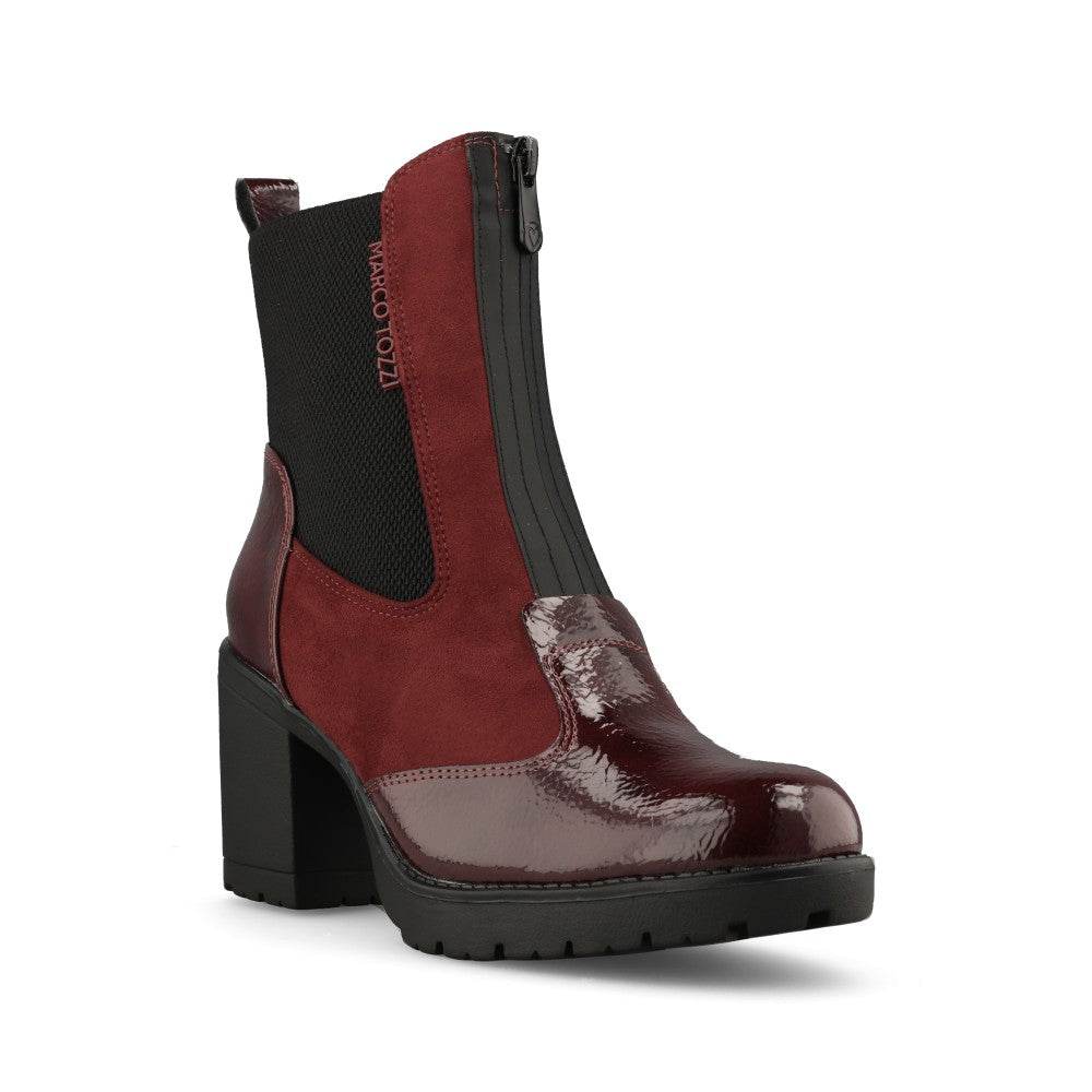 Marco Tozzi Ladies 2-25405 Block Heel Zip Up Ankle Boot in Burgandy