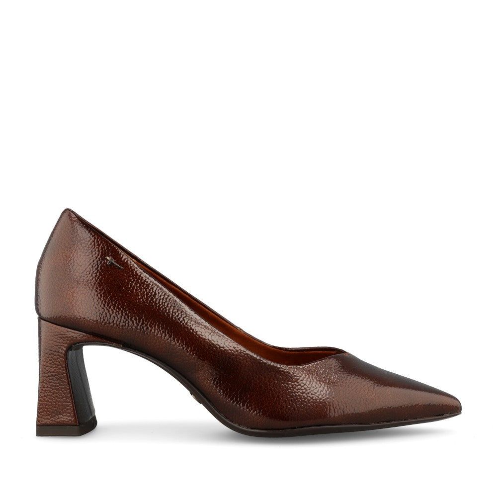 Tamaris Ladies 1-22452 Patent Block Heel Court Shoe In Brown
