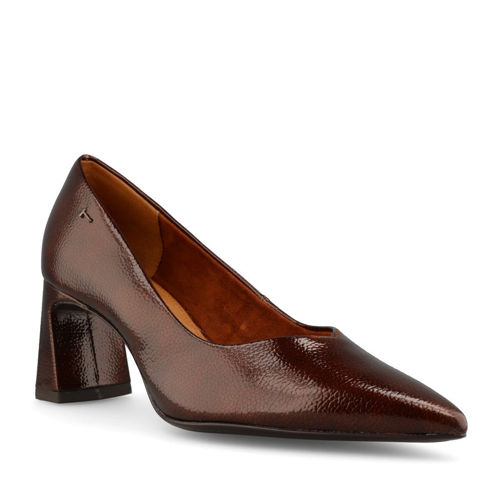 Tamaris Ladies 1-22452 Patent Block Heel Court Shoe In Brown