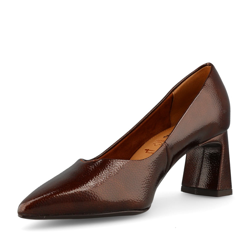 Tamaris Ladies 1-22452 Patent Block Heel Court Shoe In Brown