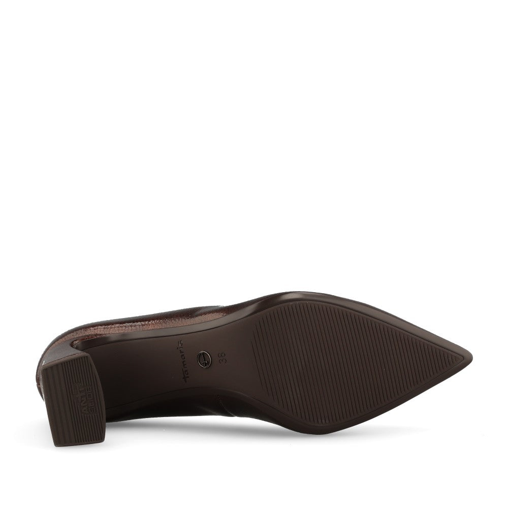 Tamaris Ladies 1-22452 Patent Block Heel Court Shoe In Brown