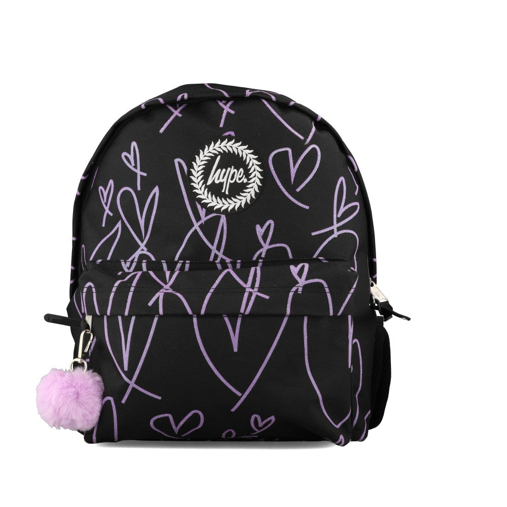 Girls RTLR-207 Purple Glitter Scribble Hearts Black Backpack