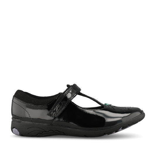 Clarks Girls Relda Magic G-FIT T-Bar Shoe in Black Patent