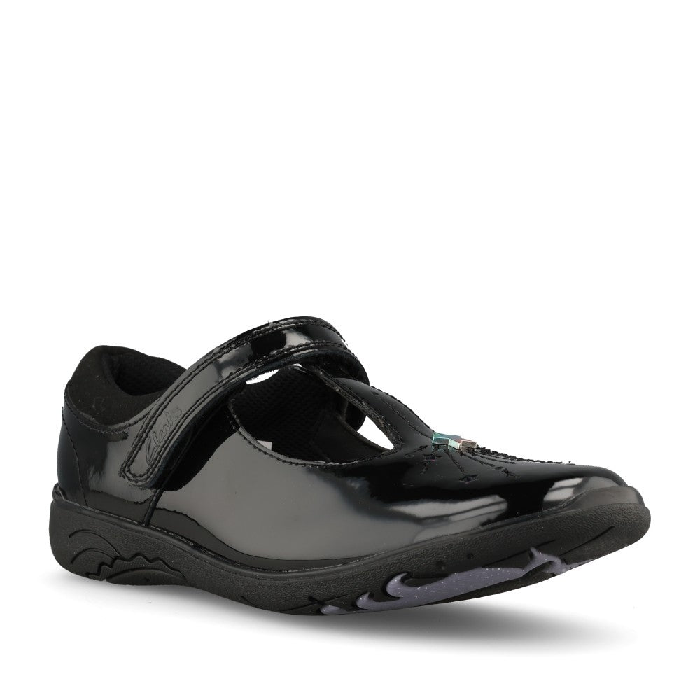 Clarks Girls Relda Magic G-FIT T-Bar Shoe in Black Patent