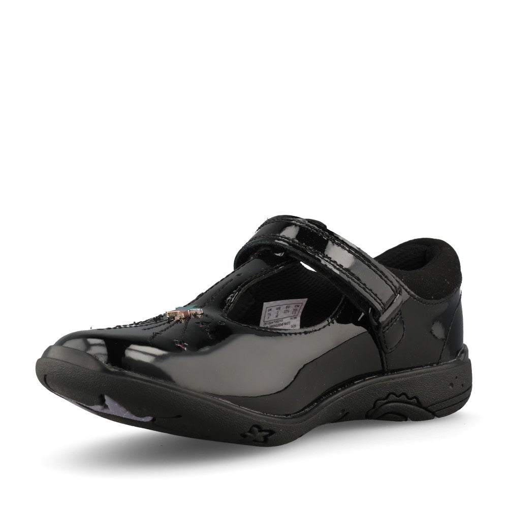 Clarks Girls Relda Magic G-FIT T-Bar Shoe in Black Patent