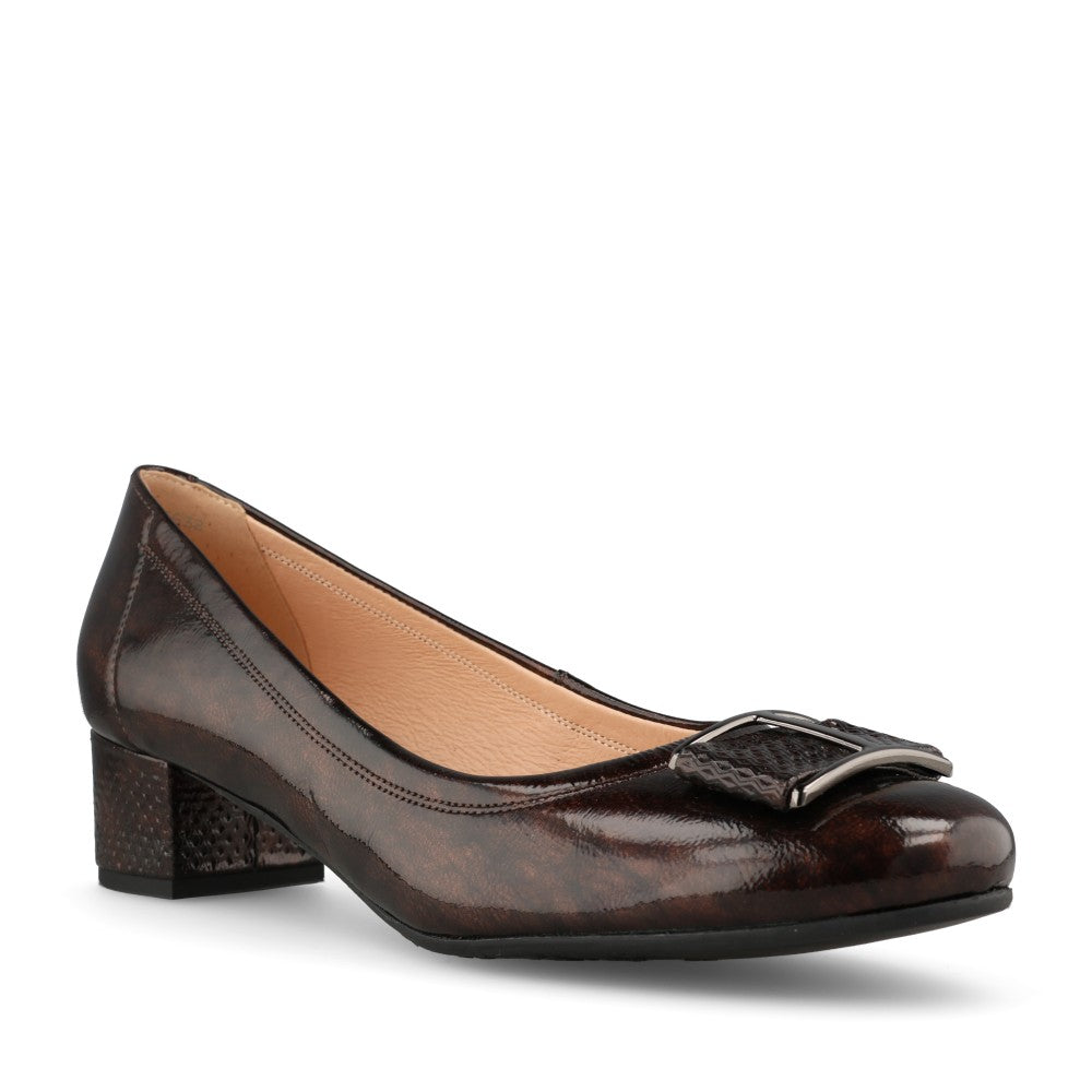 Ladies 5632 2968+2763+1290 G-fit Low Heel Court Shoe In Brown Patent