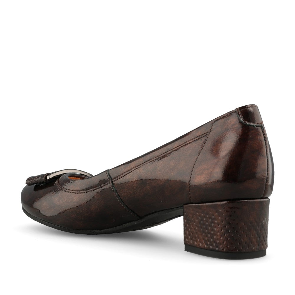 Ladies 5632 2968+2763+1290 G-fit Low Heel Court Shoe In Brown Patent