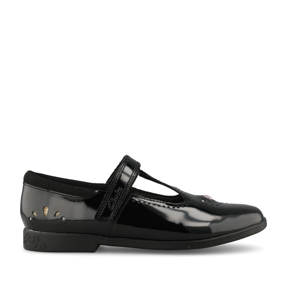 Clarks Girls Lock Wish F-FIT T-Bar Shoe in Black Patent