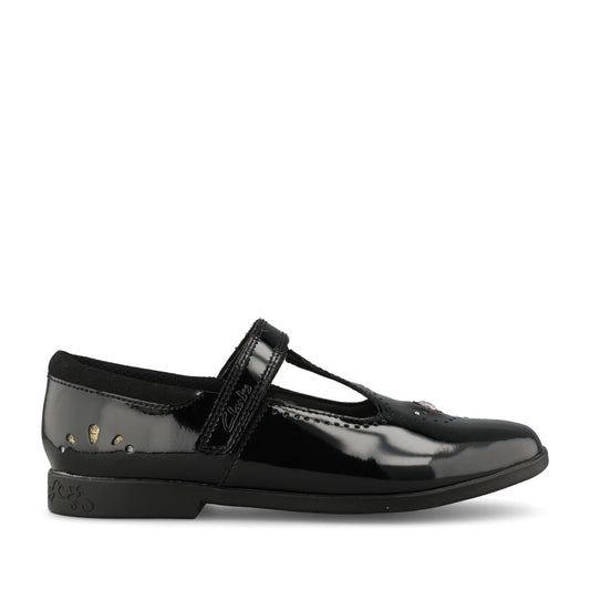 Clarks Girls Lock Wish G-FIT T-Bar Shoe in Black Patent