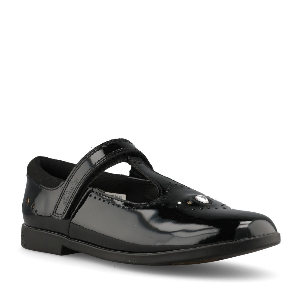 Clarks Girls Lock Wish F-FIT T-Bar Shoe in Black Patent