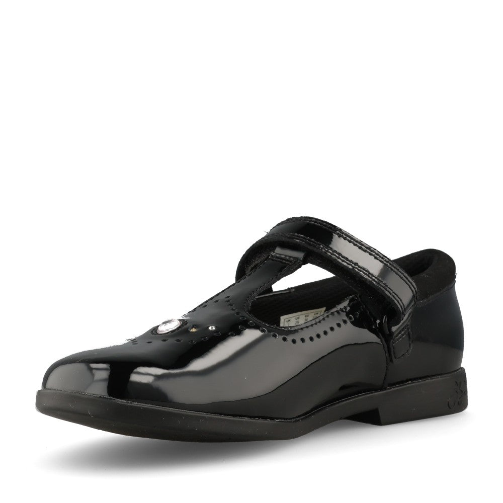 Clarks Girls Lock Wish F-FIT Tbar Shoe in Black Patent